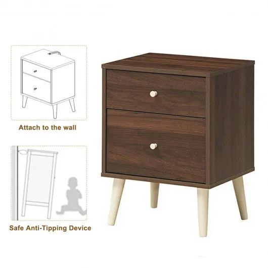 2-Drawer Nightstand Beside End Side Table with Rubber Legs-Walnut