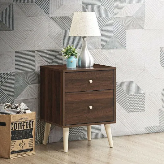 2-Drawer Nightstand Beside End Side Table with Rubber Legs-Walnut