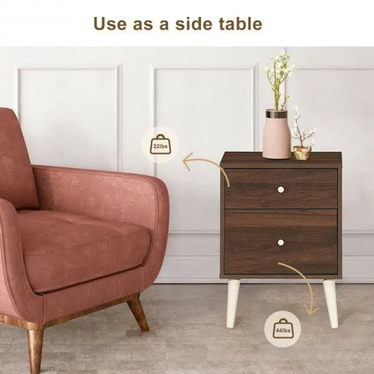 2-Drawer Nightstand Beside End Side Table with Rubber Legs-Walnut