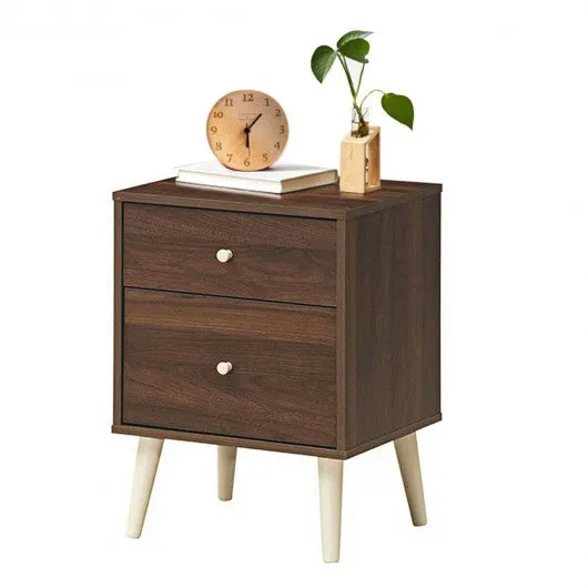 2-Drawer Nightstand Beside End Side Table with Rubber Legs-Walnut