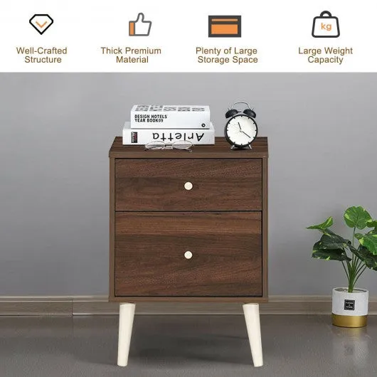 2-Drawer Nightstand Beside End Side Table with Rubber Legs-Walnut