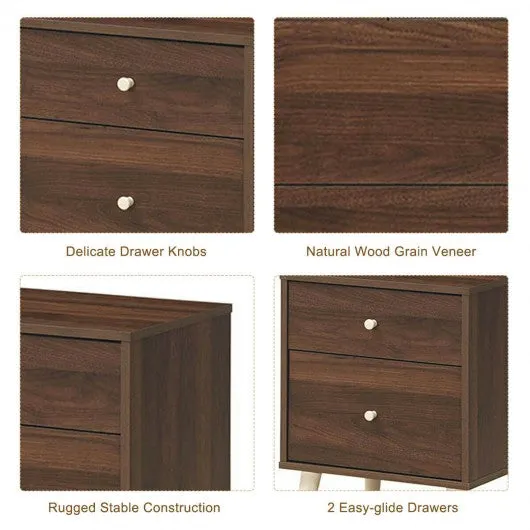 2-Drawer Nightstand Beside End Side Table with Rubber Legs-Walnut