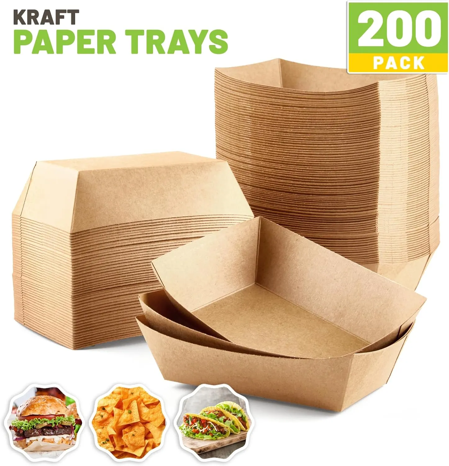 2 Lb Paper Food Trays - 200 Pack Disposable Nacho Trays Brown Food Boats Take Out Basket Holders for Serving Party Snacks Hot Dogs Tacos Fries