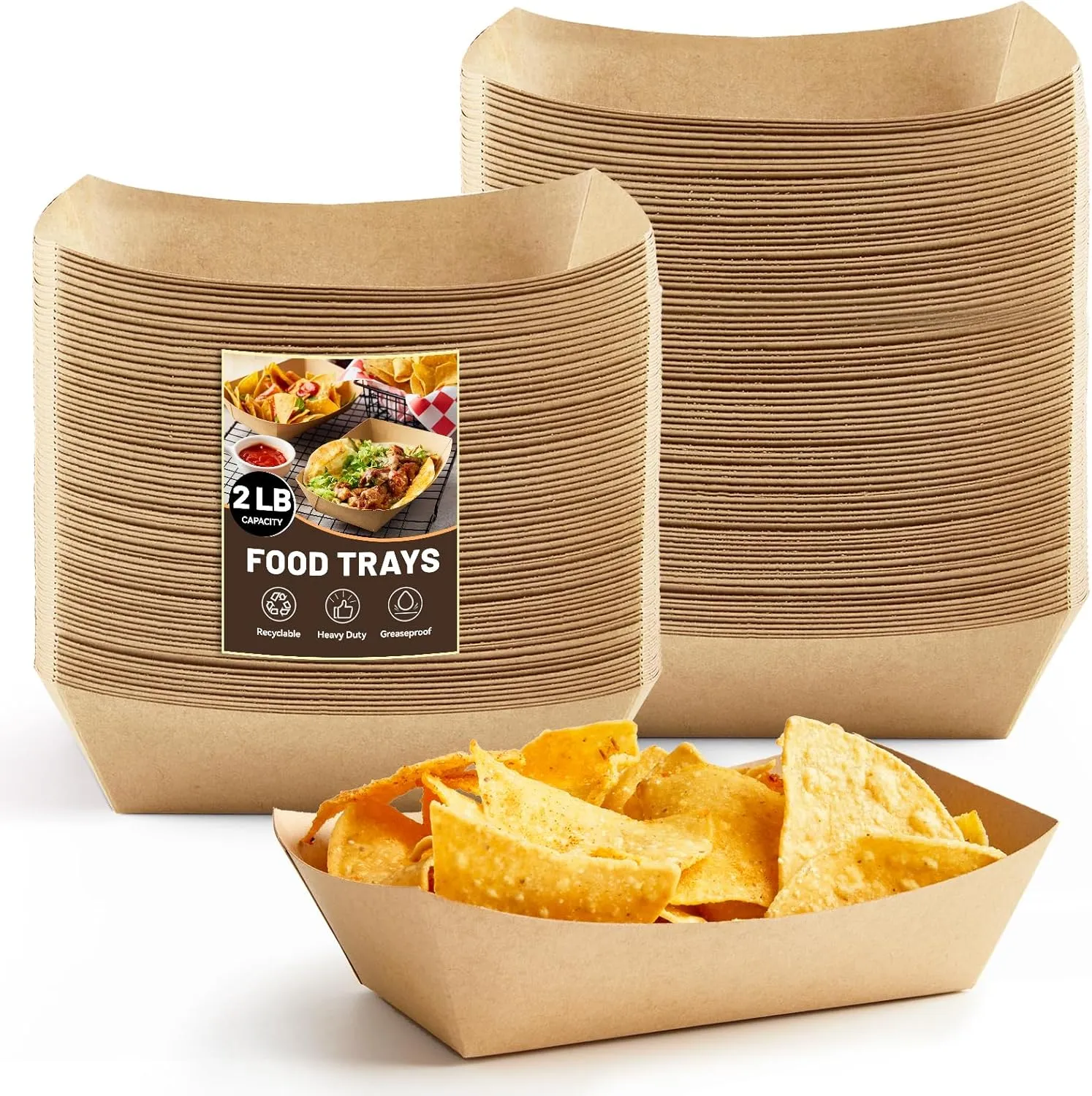 2 Lb Paper Food Trays - 200 Pack Disposable Nacho Trays Brown Food Boats Take Out Basket Holders for Serving Party Snacks Hot Dogs Tacos Fries