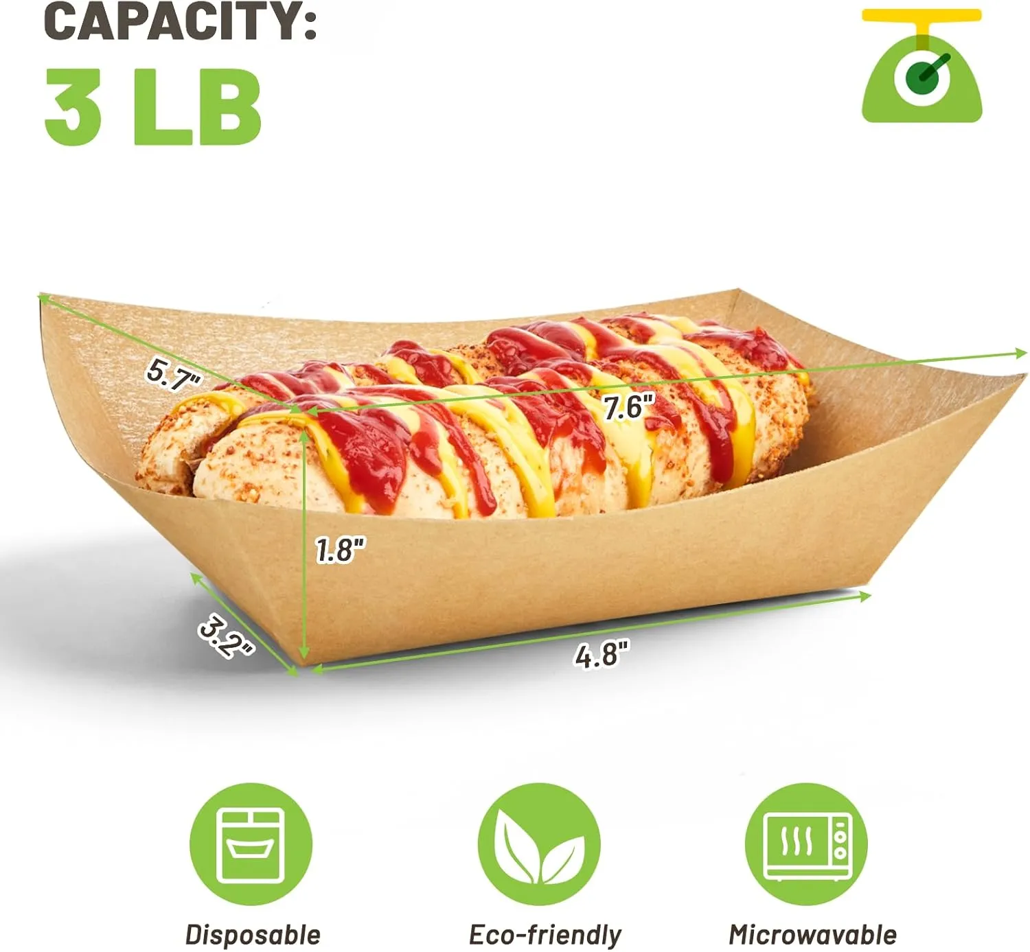 3 Lb Paper Food Trays - 100 Pack Disposable Nacho Trays, Kraft Paper Food Boats Taco Holders Party Serving Baskets for Hot Dogs Snacks Tacos Fries