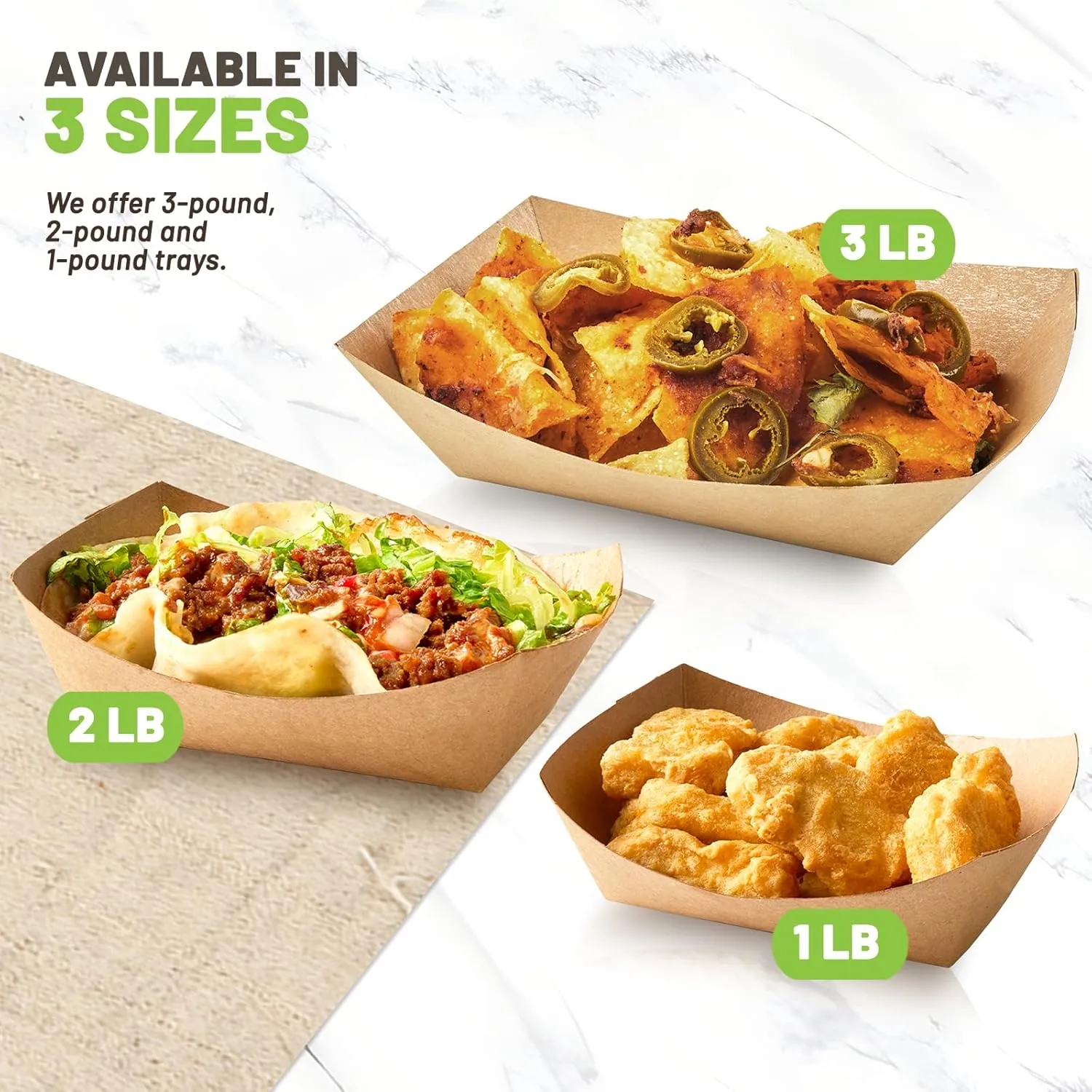 3 Lb Paper Food Trays - 100 Pack Disposable Nacho Trays, Kraft Paper Food Boats Taco Holders Party Serving Baskets for Hot Dogs Snacks Tacos Fries