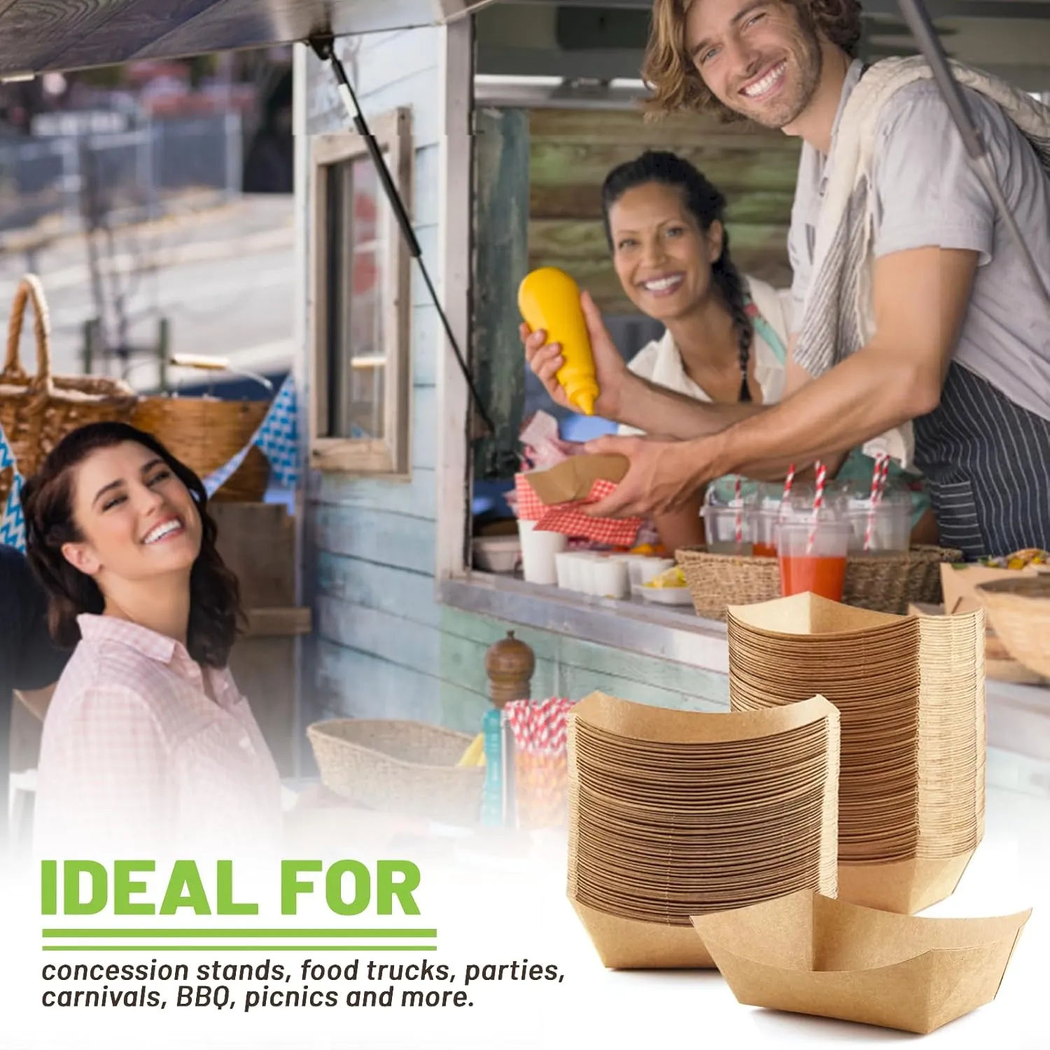 3 Lb Paper Food Trays - 100 Pack Disposable Nacho Trays, Kraft Paper Food Boats Taco Holders Party Serving Baskets for Hot Dogs Snacks Tacos Fries