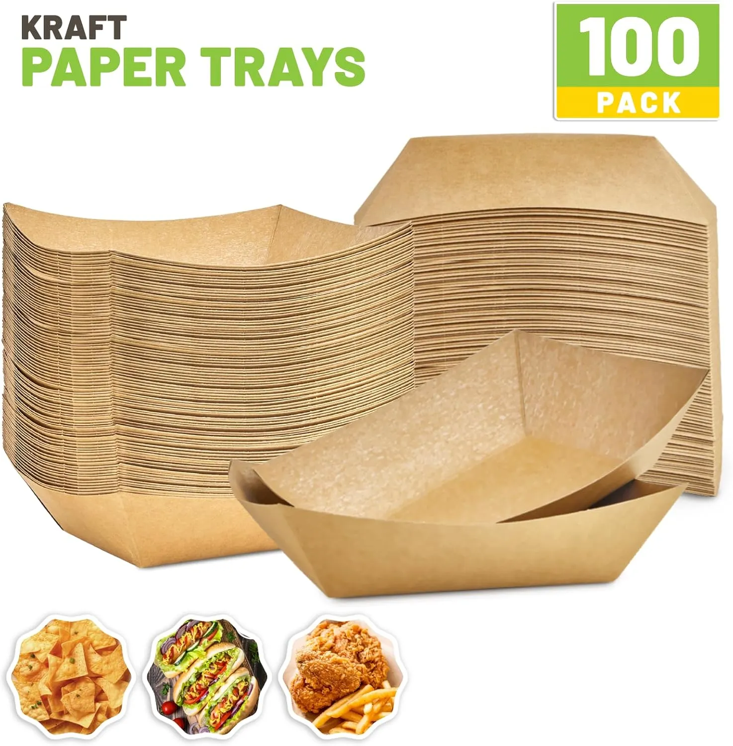 3 Lb Paper Food Trays - 100 Pack Disposable Nacho Trays, Kraft Paper Food Boats Taco Holders Party Serving Baskets for Hot Dogs Snacks Tacos Fries