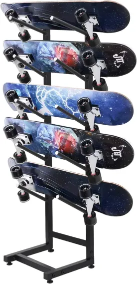 5 Tier Freestanding Skateboard Rack Single-Sided - Heavy Duty Skate Board Display Hanger Rack, hold 5 Storage Longboard Deck Organizer, for All-Mountain, Wide, Powder, back-country Skis (50x30x110cm)