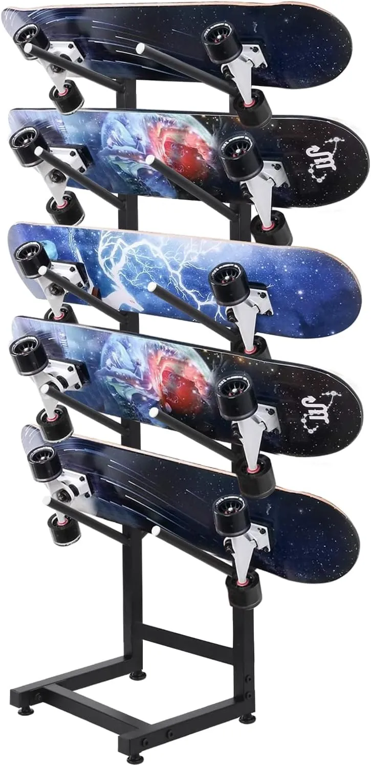 5 Tier Freestanding Skateboard Rack Single-Sided - Heavy Duty Skate Board Display Hanger Rack, hold 5 Storage Longboard Deck Organizer, for All-Mountain, Wide, Powder, back-country Skis (50x30x110cm)