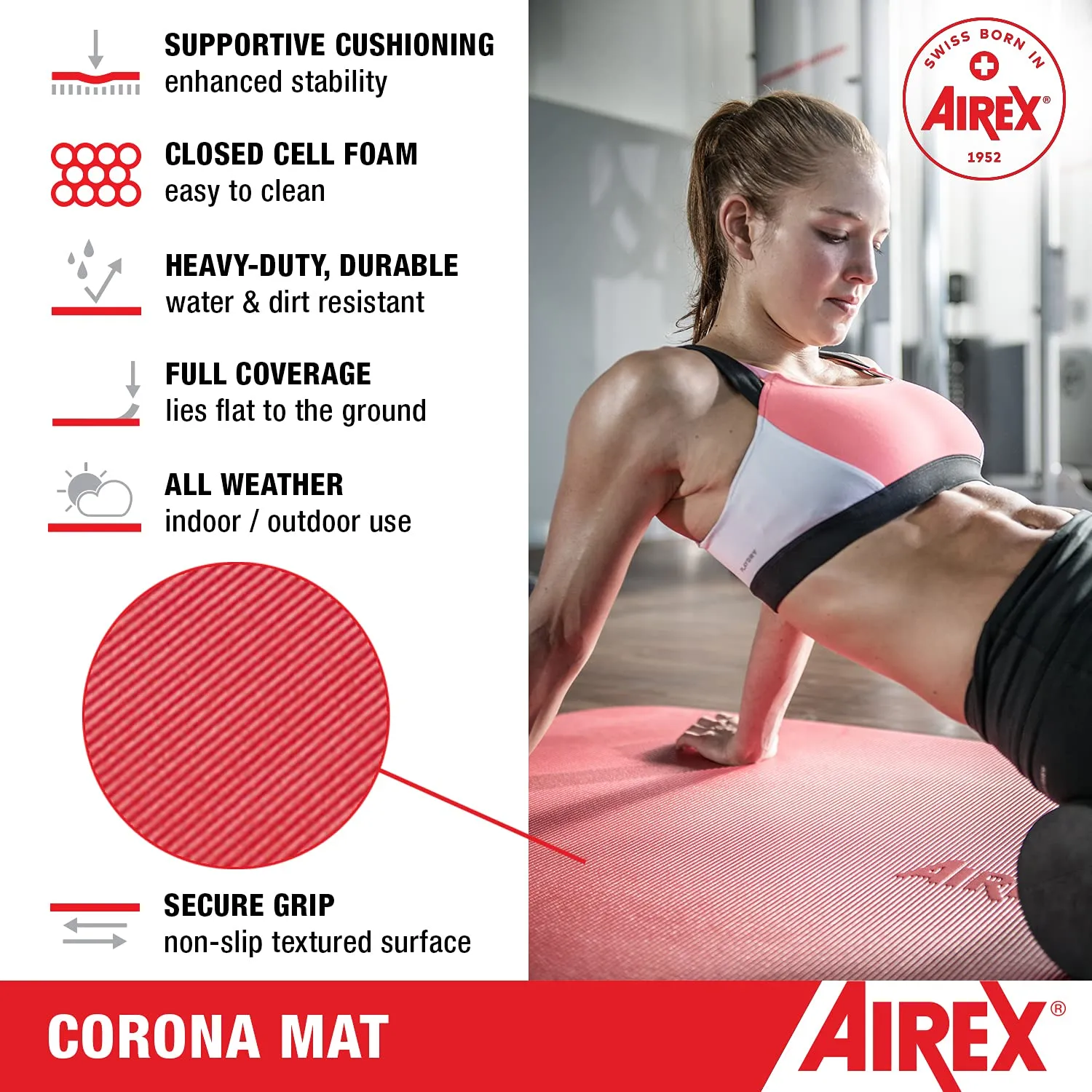 AIREX Corona 200 Premium Exercise Mat for Yoga, Physical Therapy, Rehabilitation, Balance & Stability Exercises, Pilates, Aerobics 78" x 39", Red