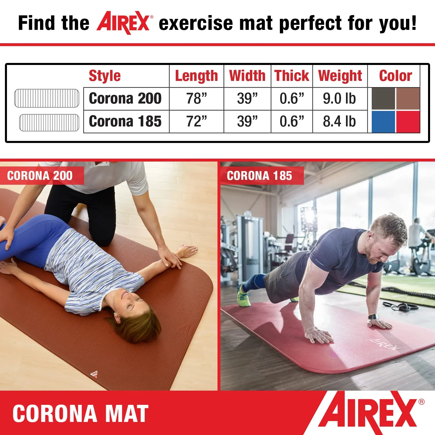 AIREX Corona 200 Premium Exercise Mat for Yoga, Physical Therapy, Rehabilitation, Balance & Stability Exercises, Pilates, Aerobics 78" x 39", Red