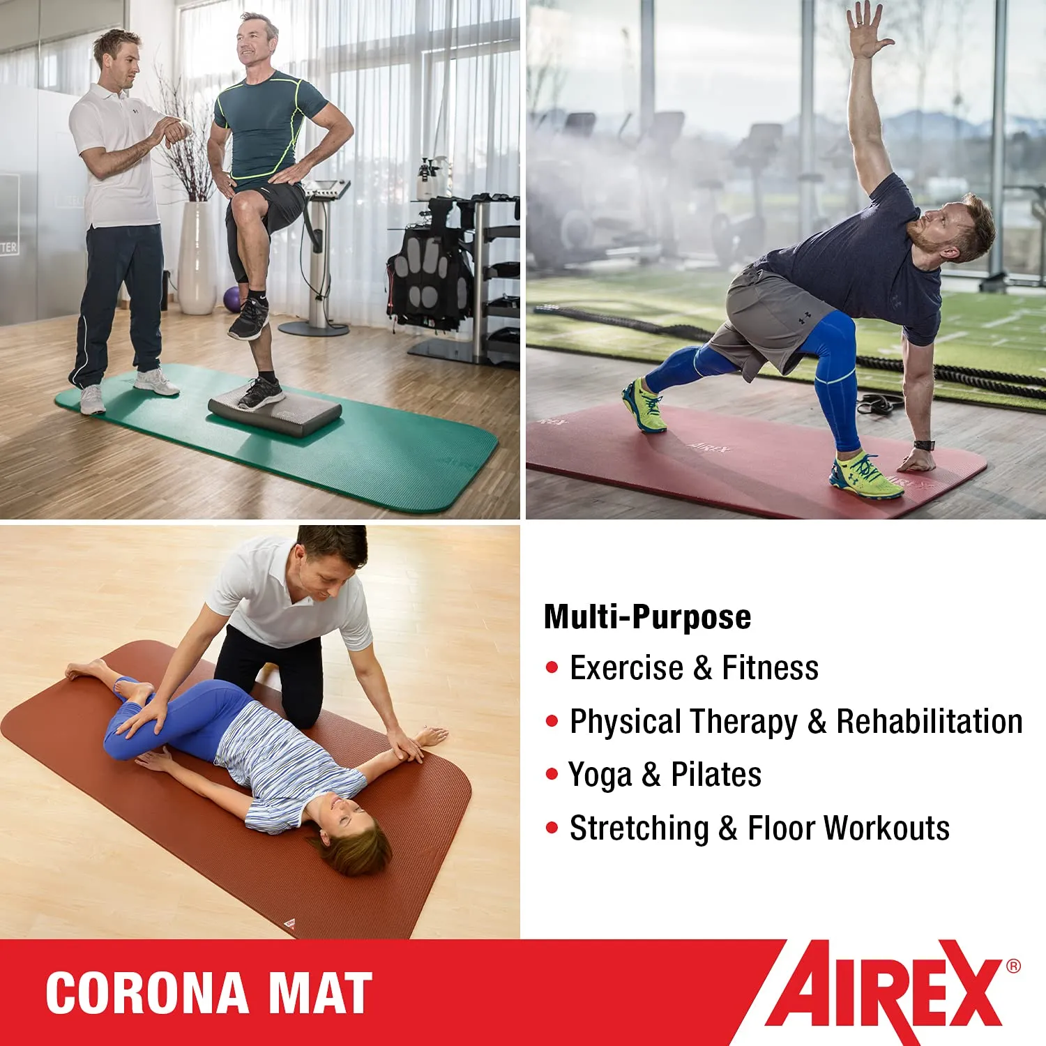 AIREX Corona 200 Premium Exercise Mat for Yoga, Physical Therapy, Rehabilitation, Balance & Stability Exercises, Pilates, Aerobics 78" x 39", Red