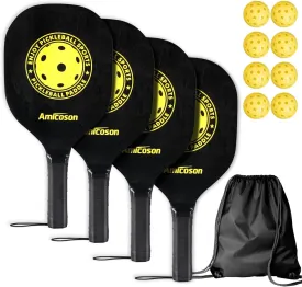 Amicoson Pickleball Paddles - Set of 4 Wooden Paddles, Indoor & Outdoor Balls, Ergonomic Grip, 8 Balls & 1 Carry Bag