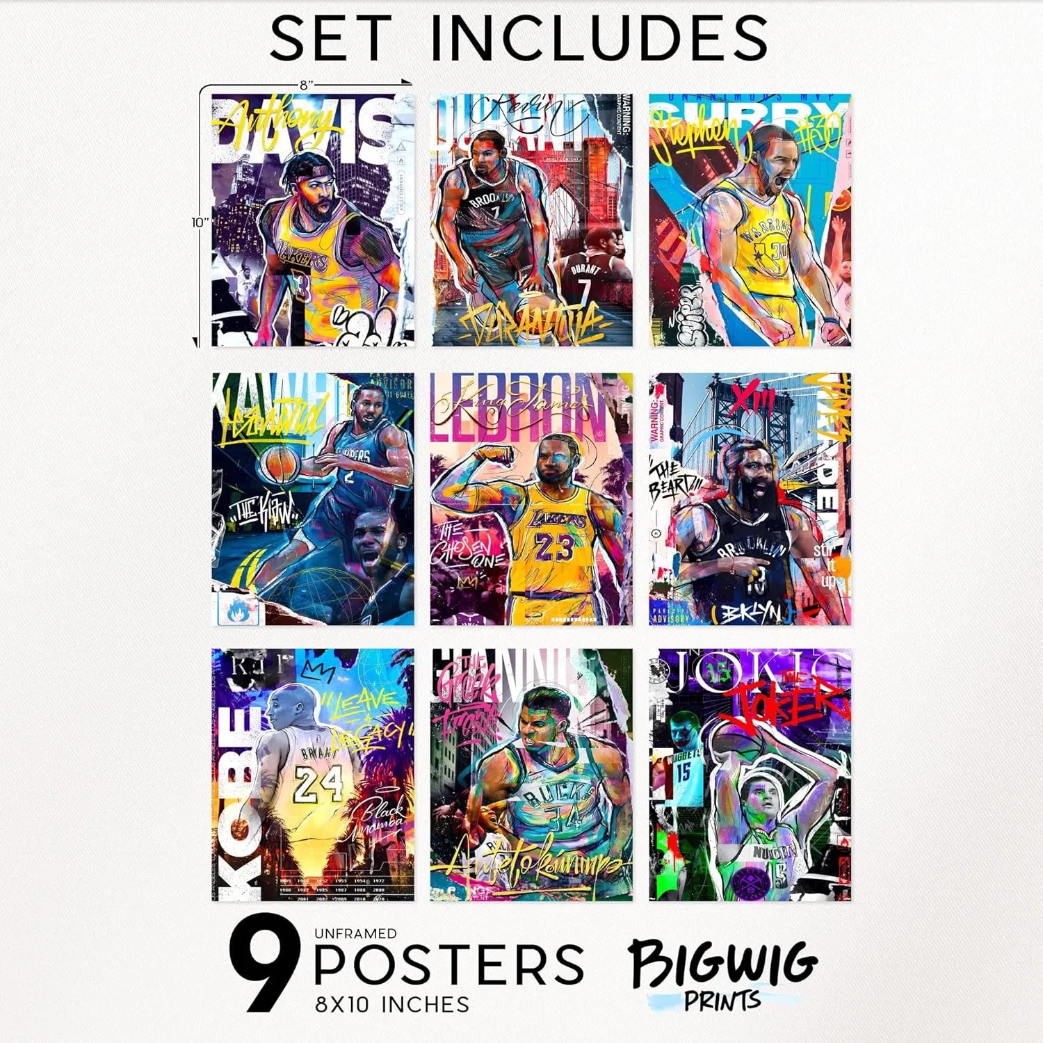 Bigwig Prints Basketball Posters for Boys Bedroom - Basketball Room Decor, Nba Posters, Steph Curry, Kobe Bryant Wall Art, Kevin Durant, Lebron James, Sports Art For Bedroom - Unframed Set of 9 (8x10)