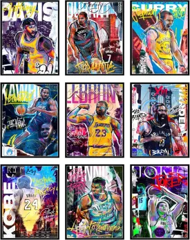 Bigwig Prints Basketball Posters for Boys Bedroom - Basketball Room Decor, Nba Posters, Steph Curry, Kobe Bryant Wall Art, Kevin Durant, Lebron James, Sports Art For Bedroom - Unframed Set of 9 (8x10)