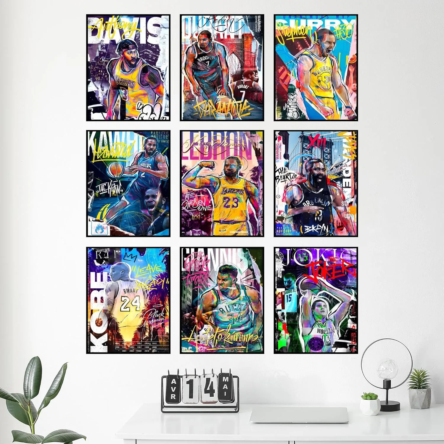 Bigwig Prints Basketball Posters for Boys Bedroom - Basketball Room Decor, Nba Posters, Steph Curry, Kobe Bryant Wall Art, Kevin Durant, Lebron James, Sports Art For Bedroom - Unframed Set of 9 (8x10)