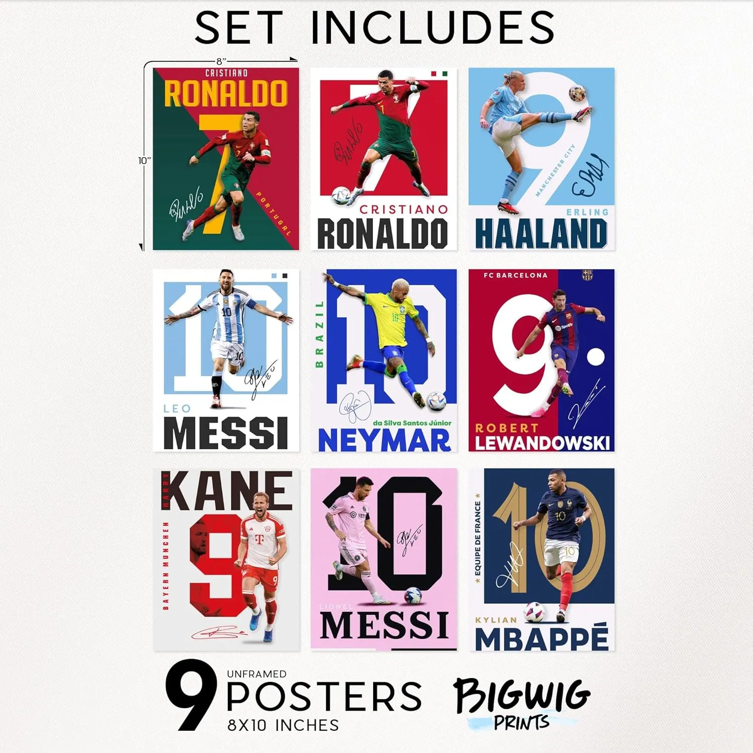 BigWig Prints Soccer Poster - Soccer Posters For Boys Bedroom, Messi And Ronaldo Poster, Messi Posters For Boys Bedroom, Soccer Wall Art, Messi Wall Art, Ronaldo Posters - Unframed Set Of 9 (8x10)