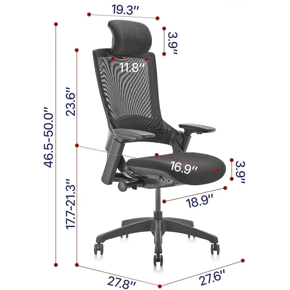 Ergonomic High Swivel Executive Chair with Adjustable Height Head 3D Arm Rest Lumbar Support, Black Mesh