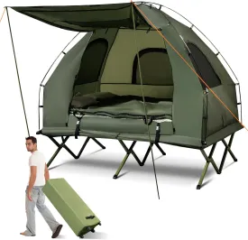 GYMAX Tent Cot, 5-in-1 Folding Camping Cot with Mattress & Pillows, Sleeping Bags, Sunshade, Camping Tent Elevated with Carrying Bag for Outdoor Hiking, Fishing, Picnic