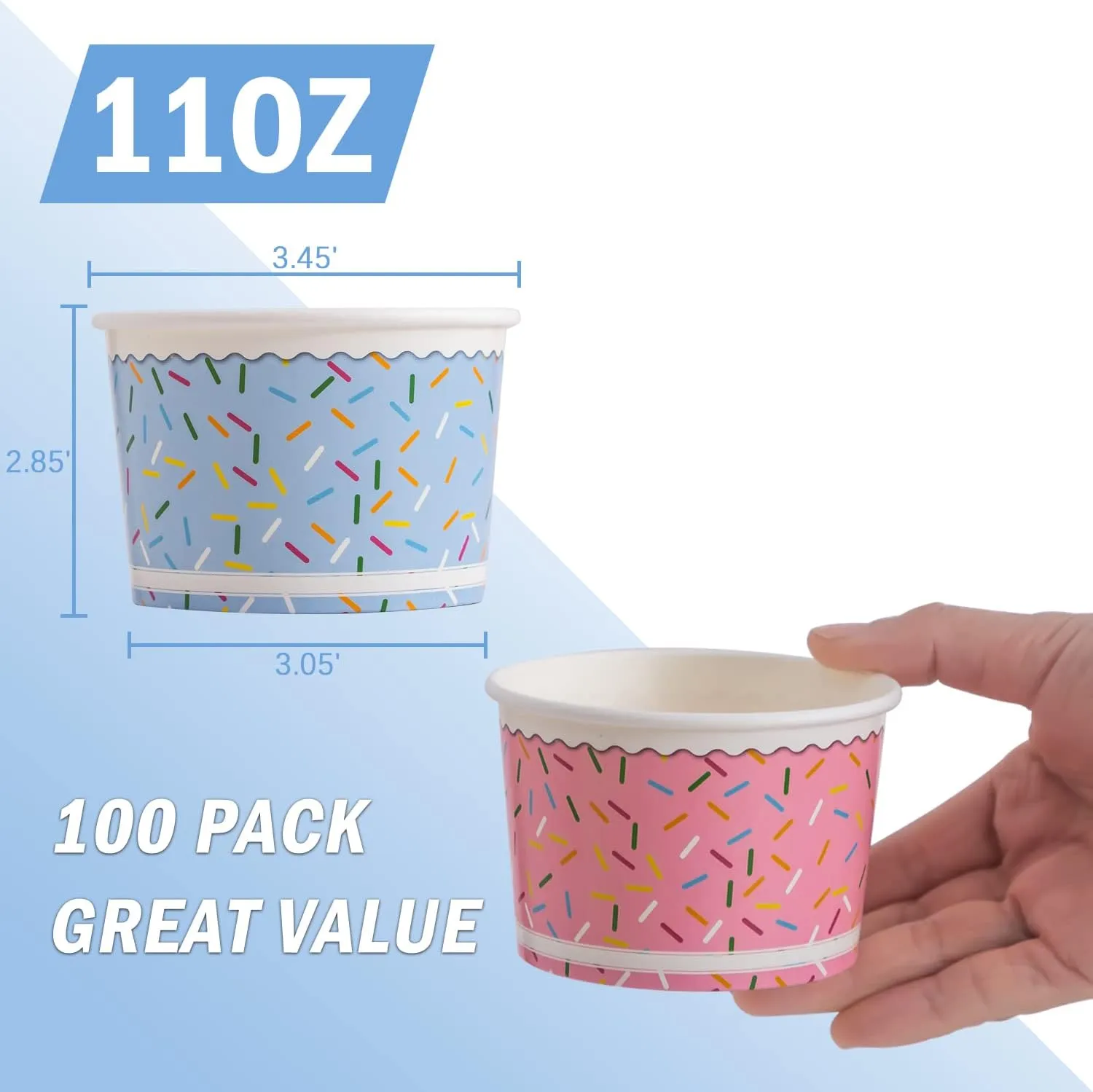 Lamosi Ice Cream Bowls Disposable - 100 Count - 11 oz Paper Ice Cream Sundae Cups, Party Supplies Food Containers for Dessert Snack Frozen Yogurt Soup