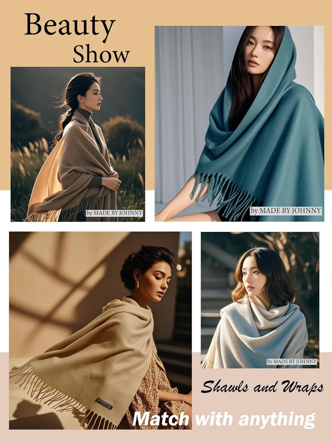 Made By Johnny Women's Winter Pashmina Scarf  Soft Cashmere Feel Shawl Wrap, Warm Fashion Blanket Scarves