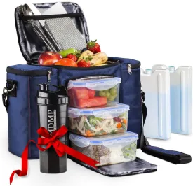 My Daily Meal Plan Navy Blue 45 Oz. Insulated Lunch Bag/Box For Men, Women   3 Large Food Containers   2 Big Reusable Ice Packs   Shoulder Strap   Shaker With Storage