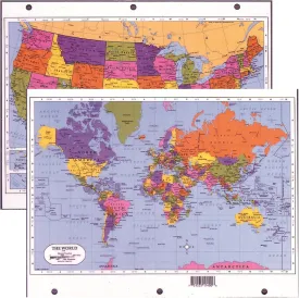 Painless Learning Two Sided Laminated 8 1/2" X 11" UNITED STATES/WORLD MAP Divider for 3-Ring Binders