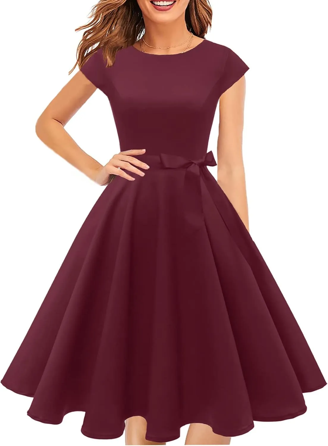PUKAVT Women's 1950 Boatneck Cap Sleeve Vintage Swing Cocktail Party Dress with Pockets