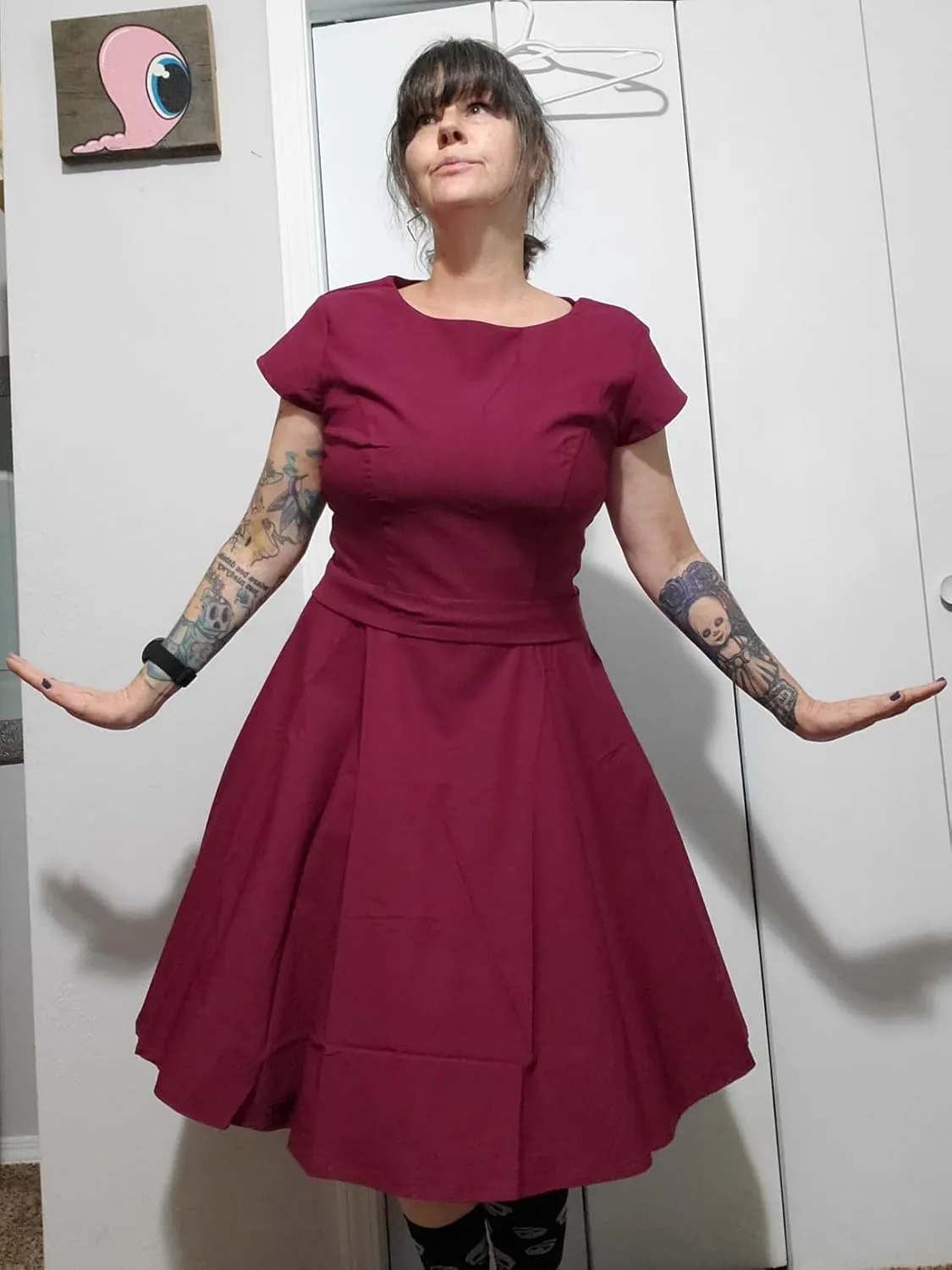 PUKAVT Women's 1950 Boatneck Cap Sleeve Vintage Swing Cocktail Party Dress with Pockets