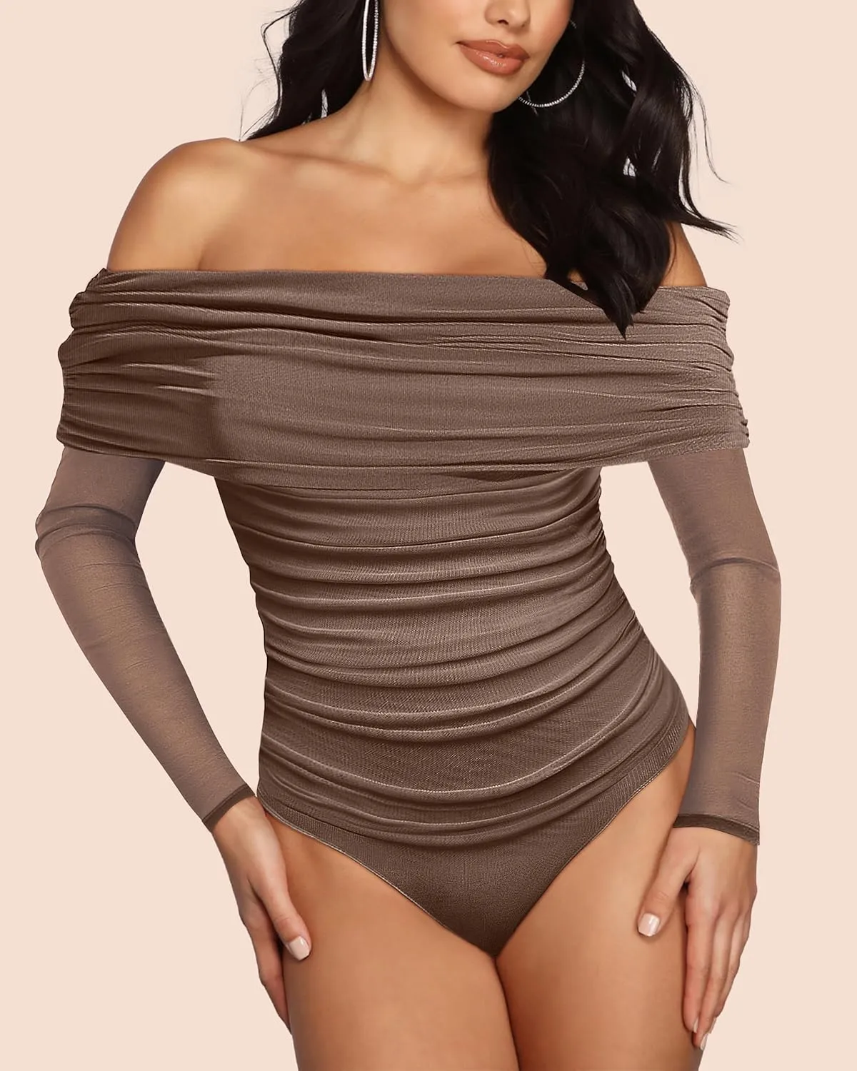 SAUNGKUAI Women's Off The Shoulder Long Sleeve Bodysuit Sexy Slimming Body Suit Tops Sheer Mesh Ruched Outfits