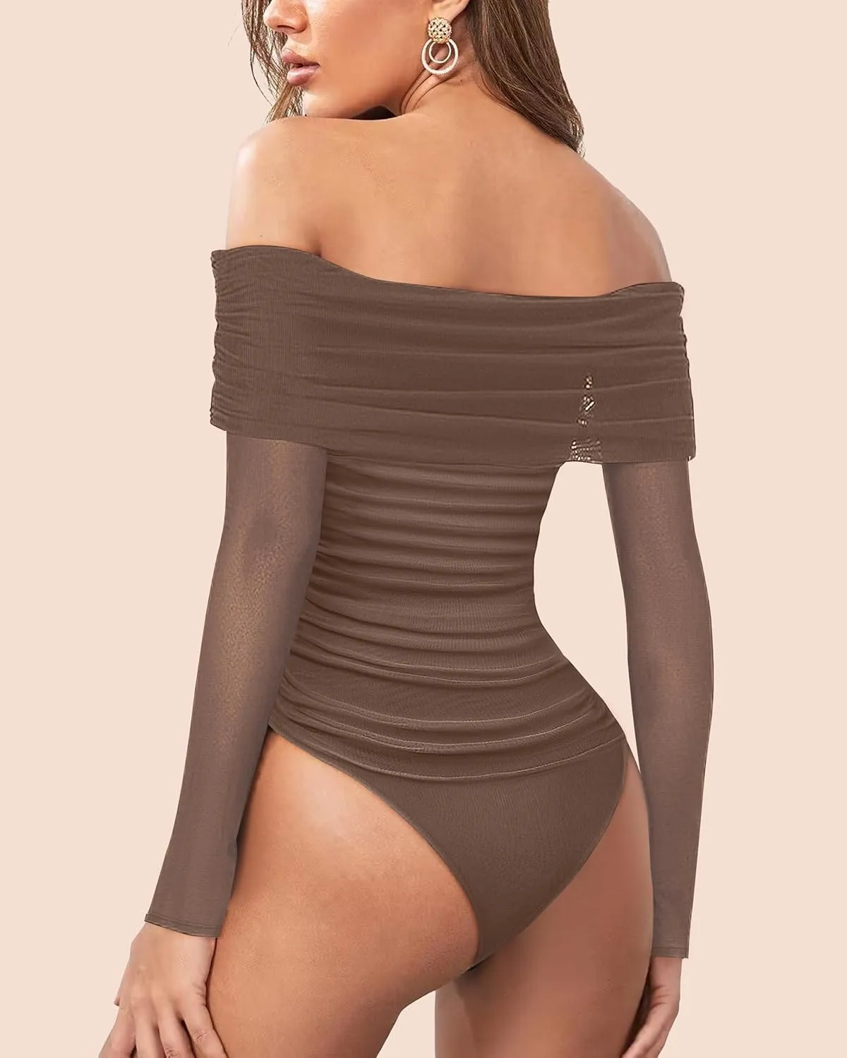 SAUNGKUAI Women's Off The Shoulder Long Sleeve Bodysuit Sexy Slimming Body Suit Tops Sheer Mesh Ruched Outfits
