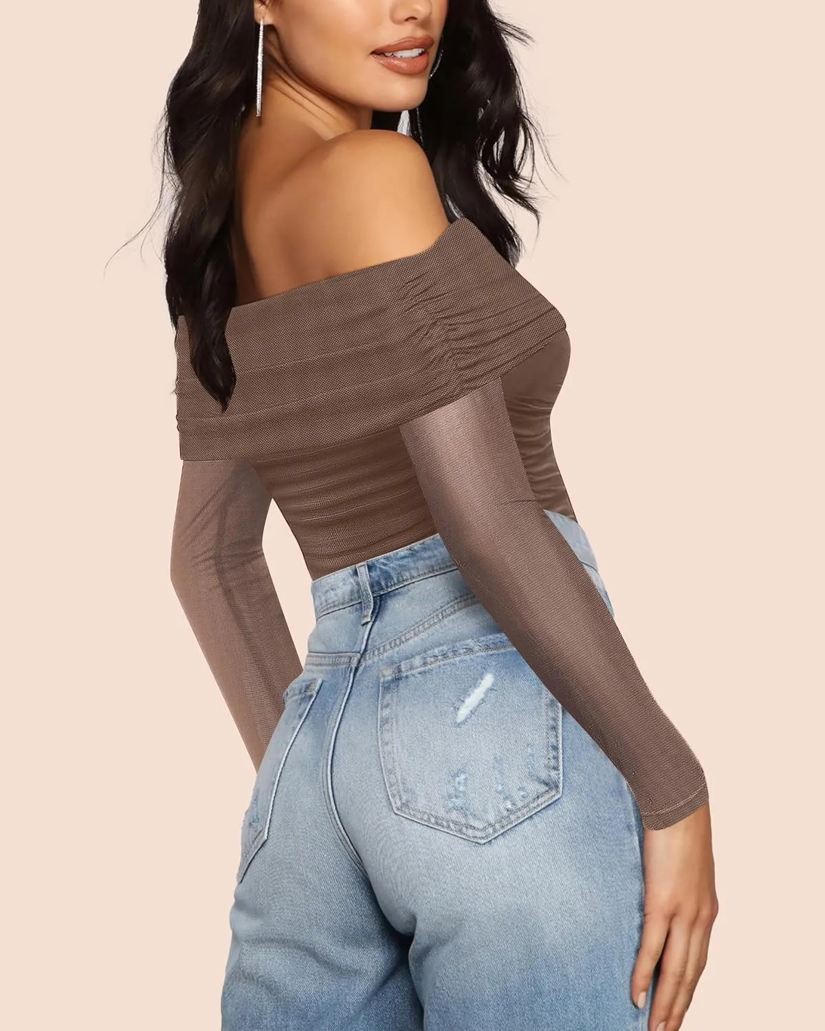 SAUNGKUAI Women's Off The Shoulder Long Sleeve Bodysuit Sexy Slimming Body Suit Tops Sheer Mesh Ruched Outfits