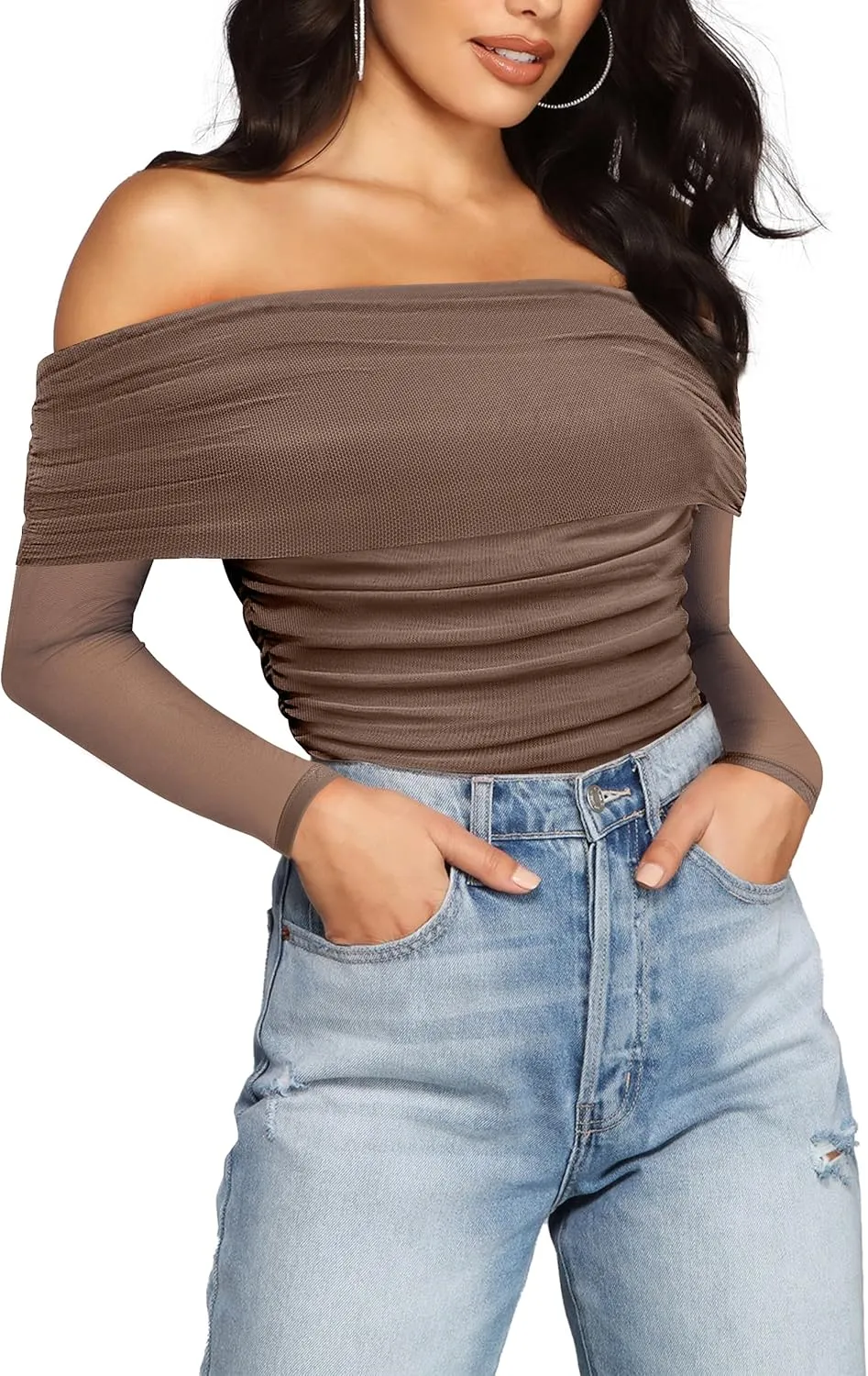 SAUNGKUAI Women's Off The Shoulder Long Sleeve Bodysuit Sexy Slimming Body Suit Tops Sheer Mesh Ruched Outfits