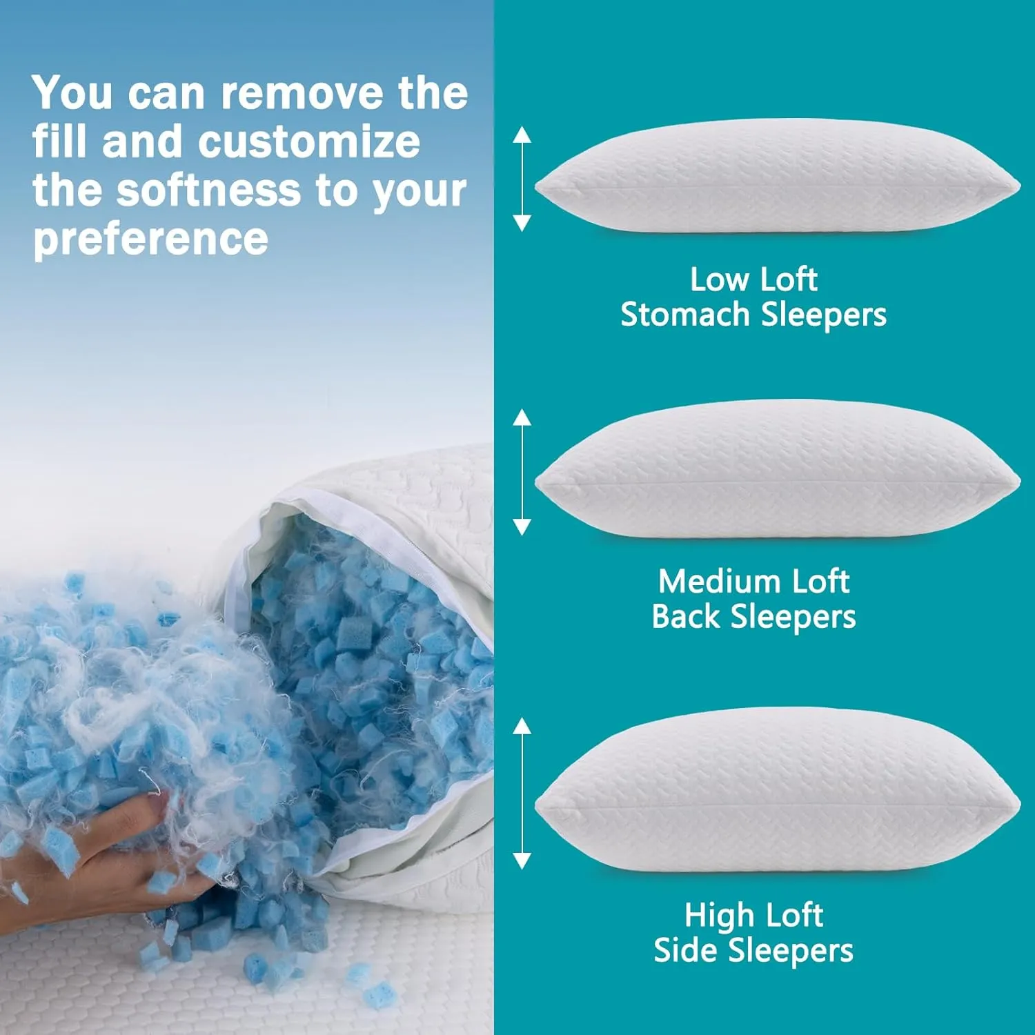 Shredded Memory Foam Pillows Cooling Bed Pillows 2 Pack, King Size Pillows Set of 2 for Sleeping, Support Soft for Side Back Stomach Sleepers, with Washable Cover, 20X36
