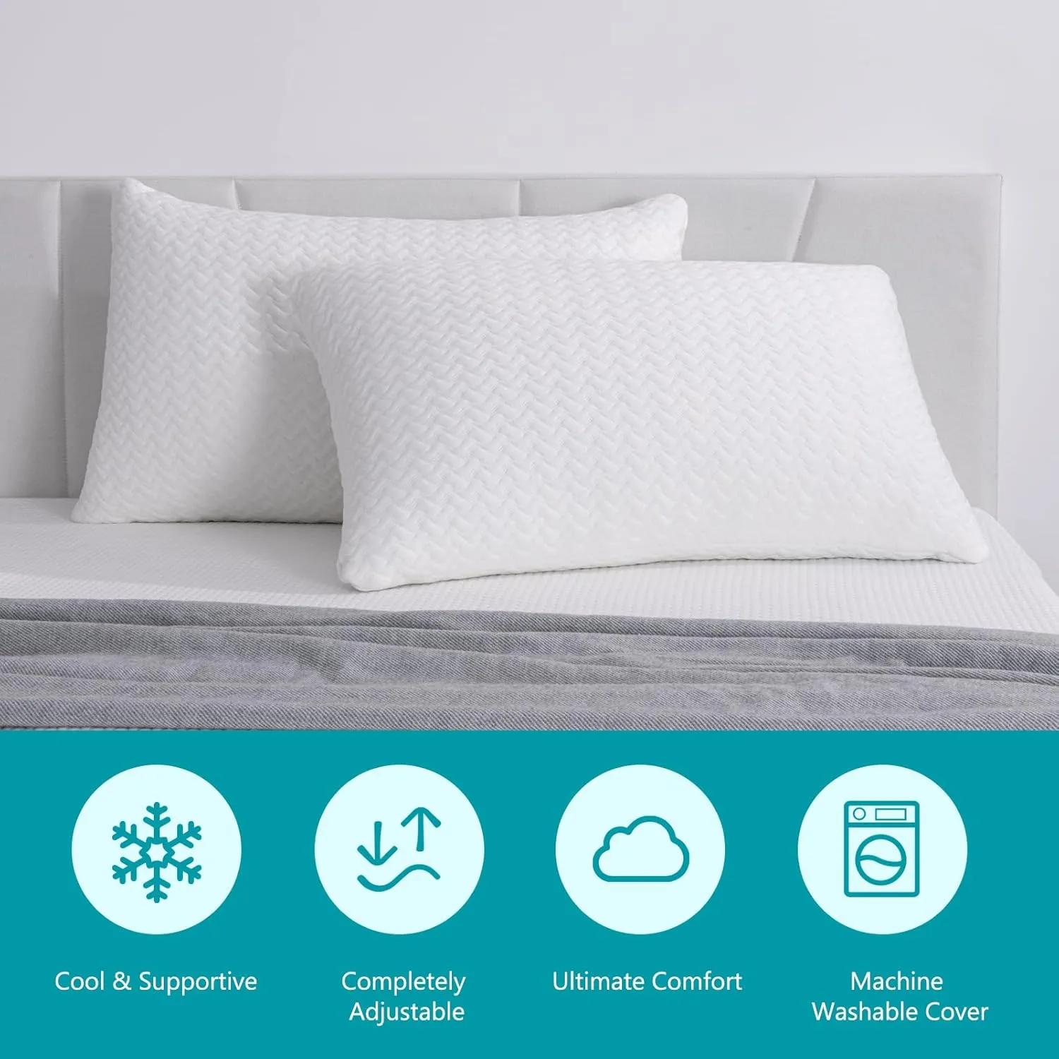 Shredded Memory Foam Pillows Cooling Bed Pillows 2 Pack, King Size Pillows Set of 2 for Sleeping, Support Soft for Side Back Stomach Sleepers, with Washable Cover, 20X36
