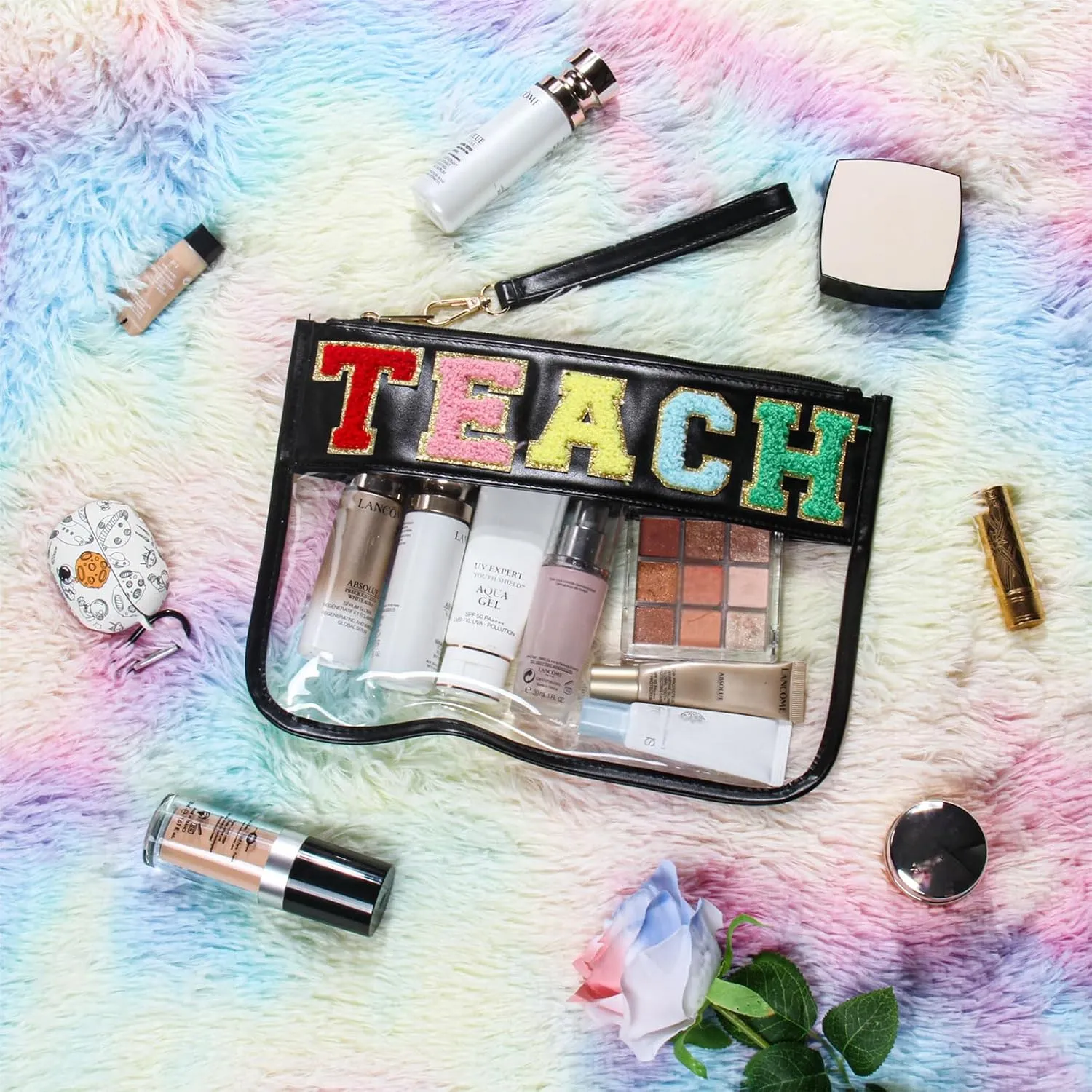 Teacher Appreciation Gifts Clear Makeup Bag, Embroidered Chenille Letter Patches Cosmetic Bag, Zipper Pouch PVC Organizer, Portable Waterproof Toiletry Storage Bag for Women, Girls