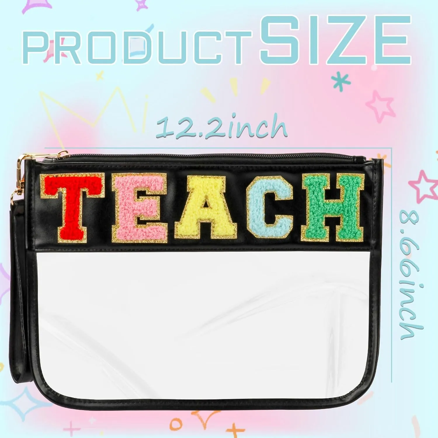 Teacher Appreciation Gifts Clear Makeup Bag, Embroidered Chenille Letter Patches Cosmetic Bag, Zipper Pouch PVC Organizer, Portable Waterproof Toiletry Storage Bag for Women, Girls
