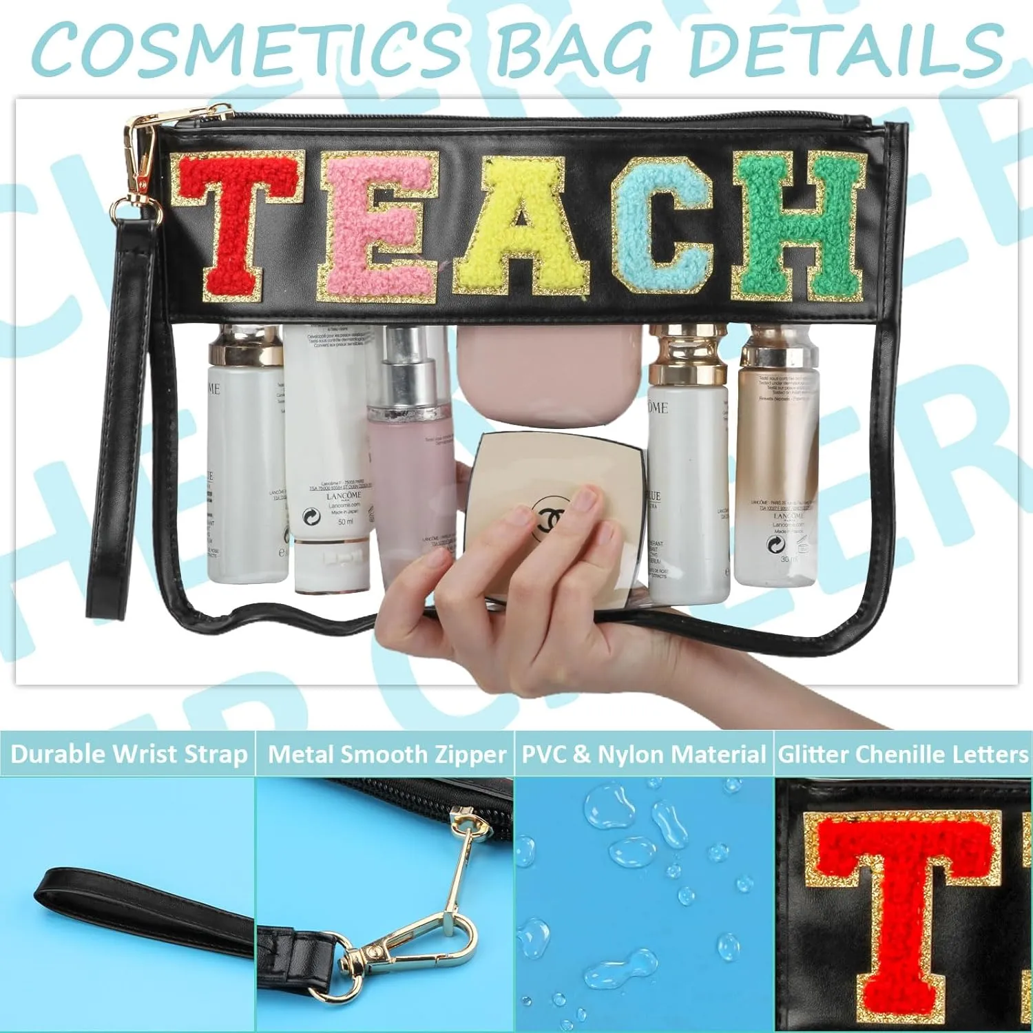 Teacher Appreciation Gifts Clear Makeup Bag, Embroidered Chenille Letter Patches Cosmetic Bag, Zipper Pouch PVC Organizer, Portable Waterproof Toiletry Storage Bag for Women, Girls