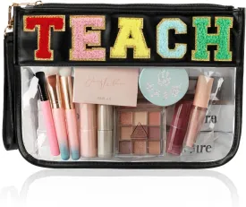 Teacher Appreciation Gifts Clear Makeup Bag, Embroidered Chenille Letter Patches Cosmetic Bag, Zipper Pouch PVC Organizer, Portable Waterproof Toiletry Storage Bag for Women, Girls