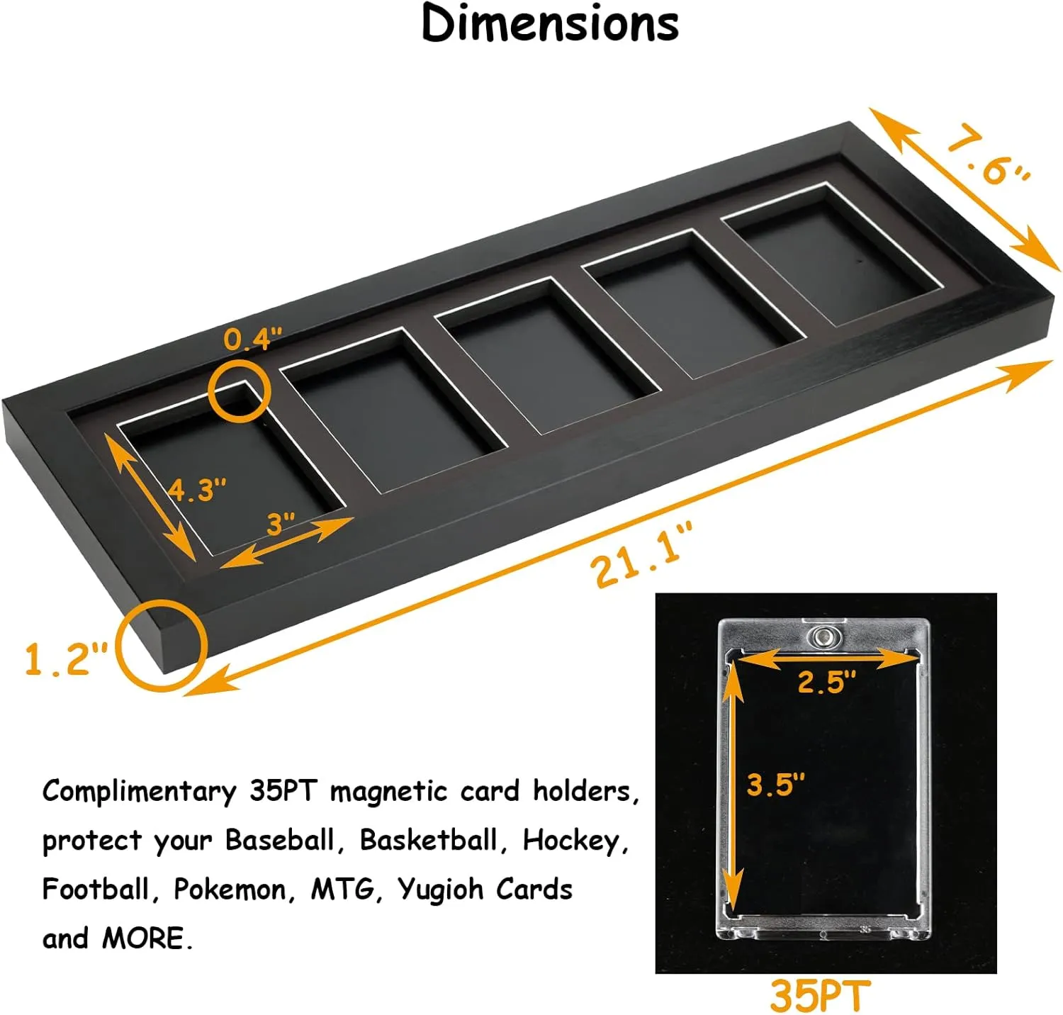 Trading Card Display Frame - Wall Mount Baseball Card Display Case with UV Protection Magnetic Card Holder for 5 Standard Cards, Display for Basketball Football Hockey Pokemon MTG Yugioh
