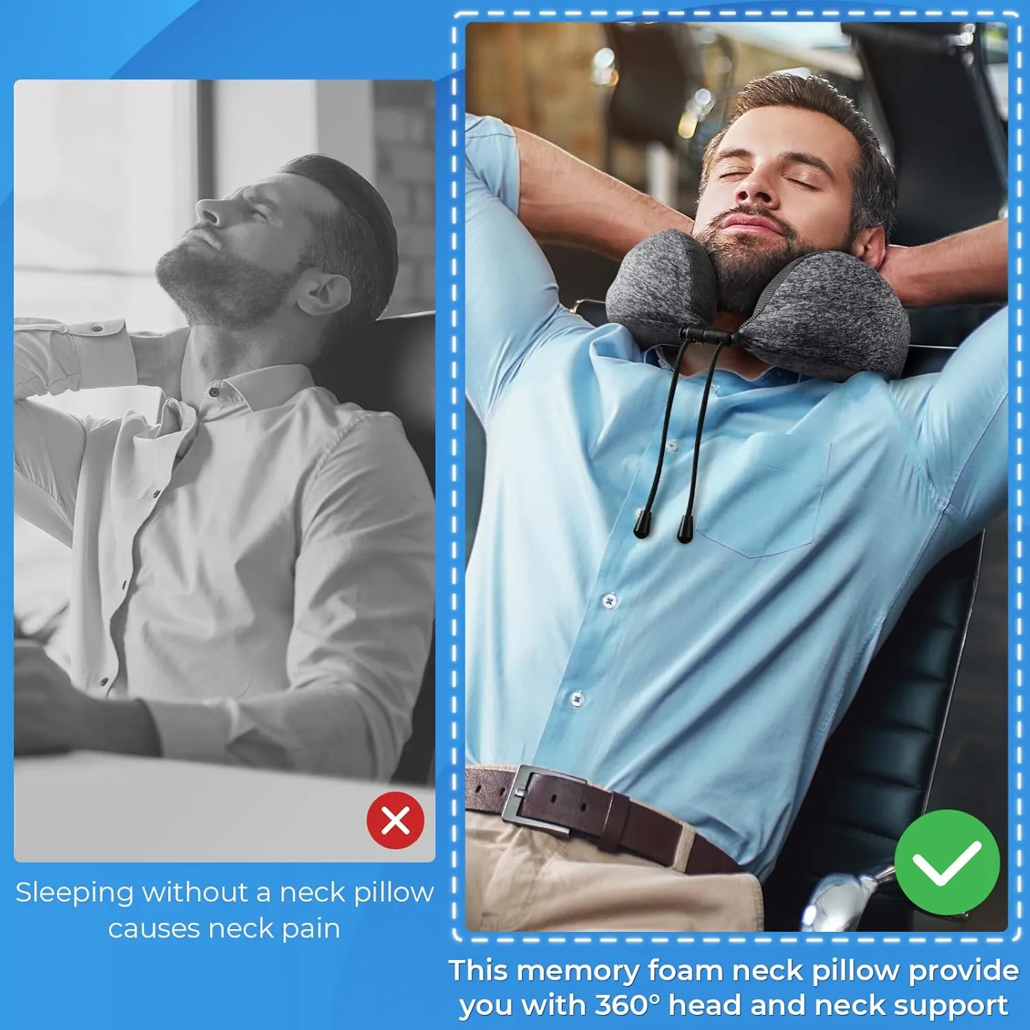 Travel Pillow, 2 Pack Travel Pillows for Sleeping Airplane, Removable Cover Neck Pillow with Adjustable Clasp, Memory Foam Neck Pillow Set (Dark Grey & Blue)