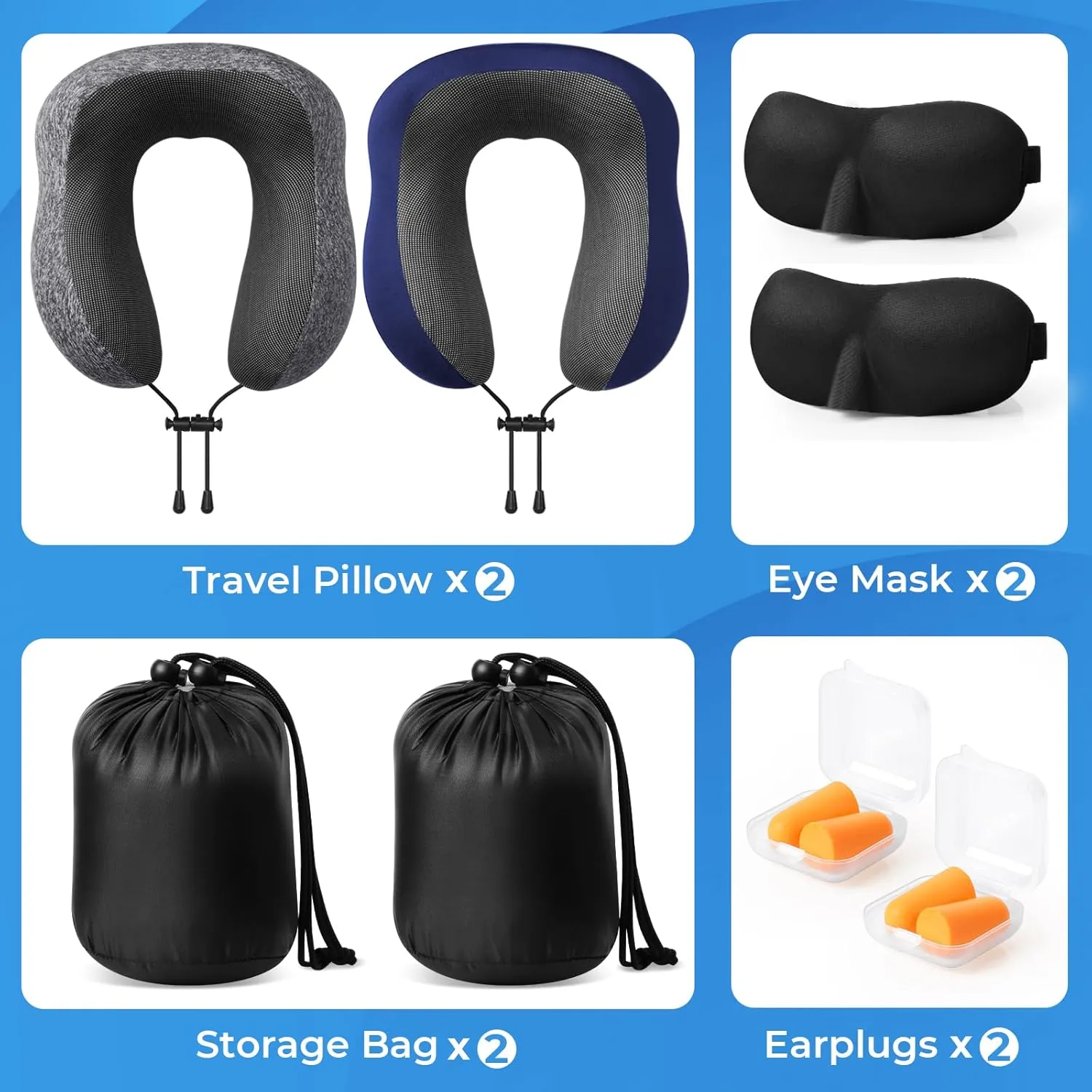 Travel Pillow, 2 Pack Travel Pillows for Sleeping Airplane, Removable Cover Neck Pillow with Adjustable Clasp, Memory Foam Neck Pillow Set (Dark Grey & Blue)