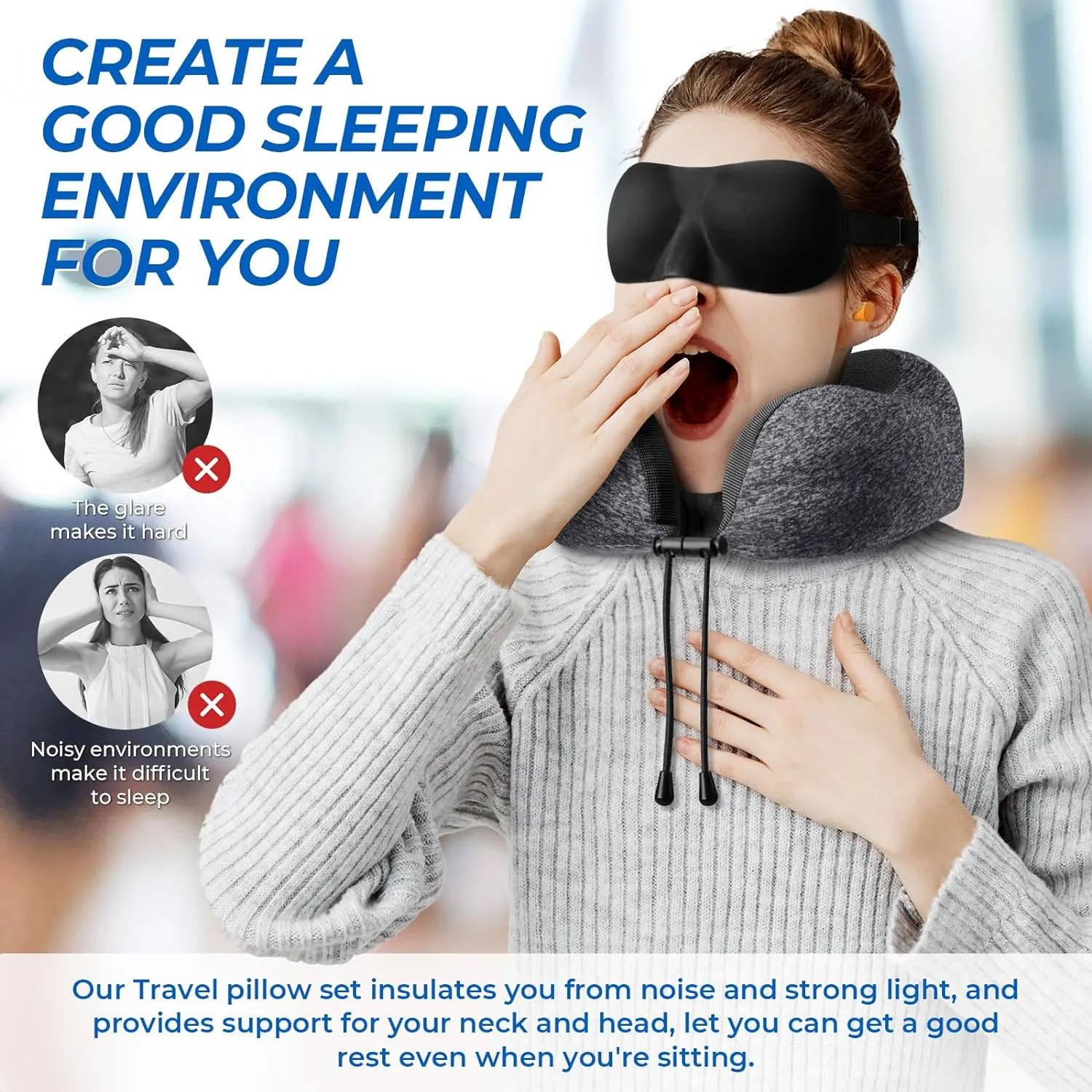 Travel Pillow, 2 Pack Travel Pillows for Sleeping Airplane, Removable Cover Neck Pillow with Adjustable Clasp, Memory Foam Neck Pillow Set (Dark Grey & Blue)