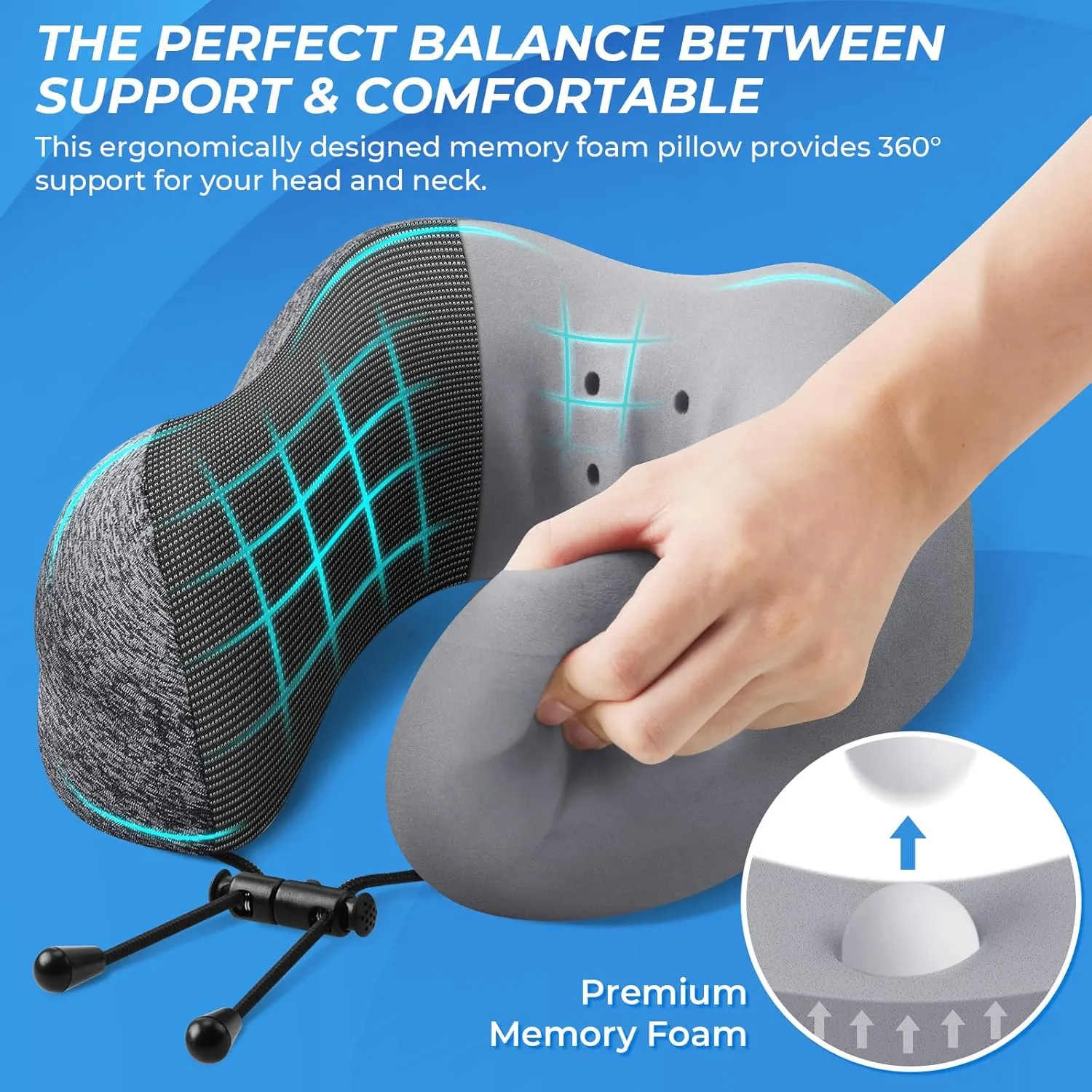 Travel Pillow, 2 Pack Travel Pillows for Sleeping Airplane, Removable Cover Neck Pillow with Adjustable Clasp, Memory Foam Neck Pillow Set (Dark Grey & Blue)