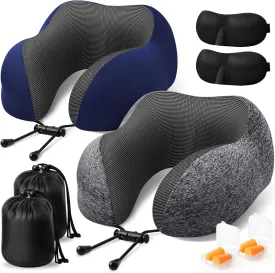 Travel Pillow, 2 Pack Travel Pillows for Sleeping Airplane, Removable Cover Neck Pillow with Adjustable Clasp, Memory Foam Neck Pillow Set (Dark Grey & Blue)