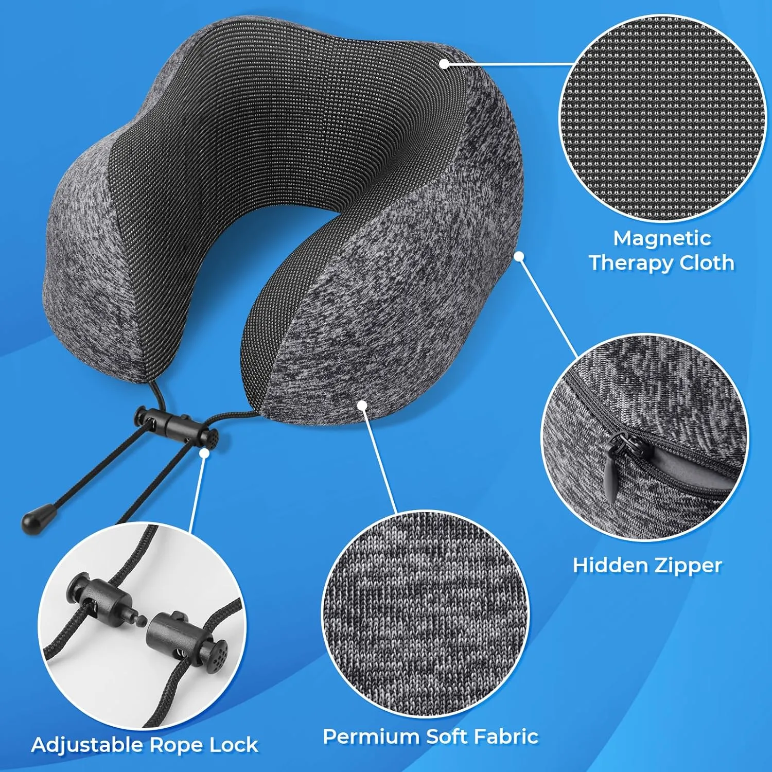 Travel Pillow, 2 Pack Travel Pillows for Sleeping Airplane, Removable Cover Neck Pillow with Adjustable Clasp, Memory Foam Neck Pillow Set (Dark Grey & Blue)