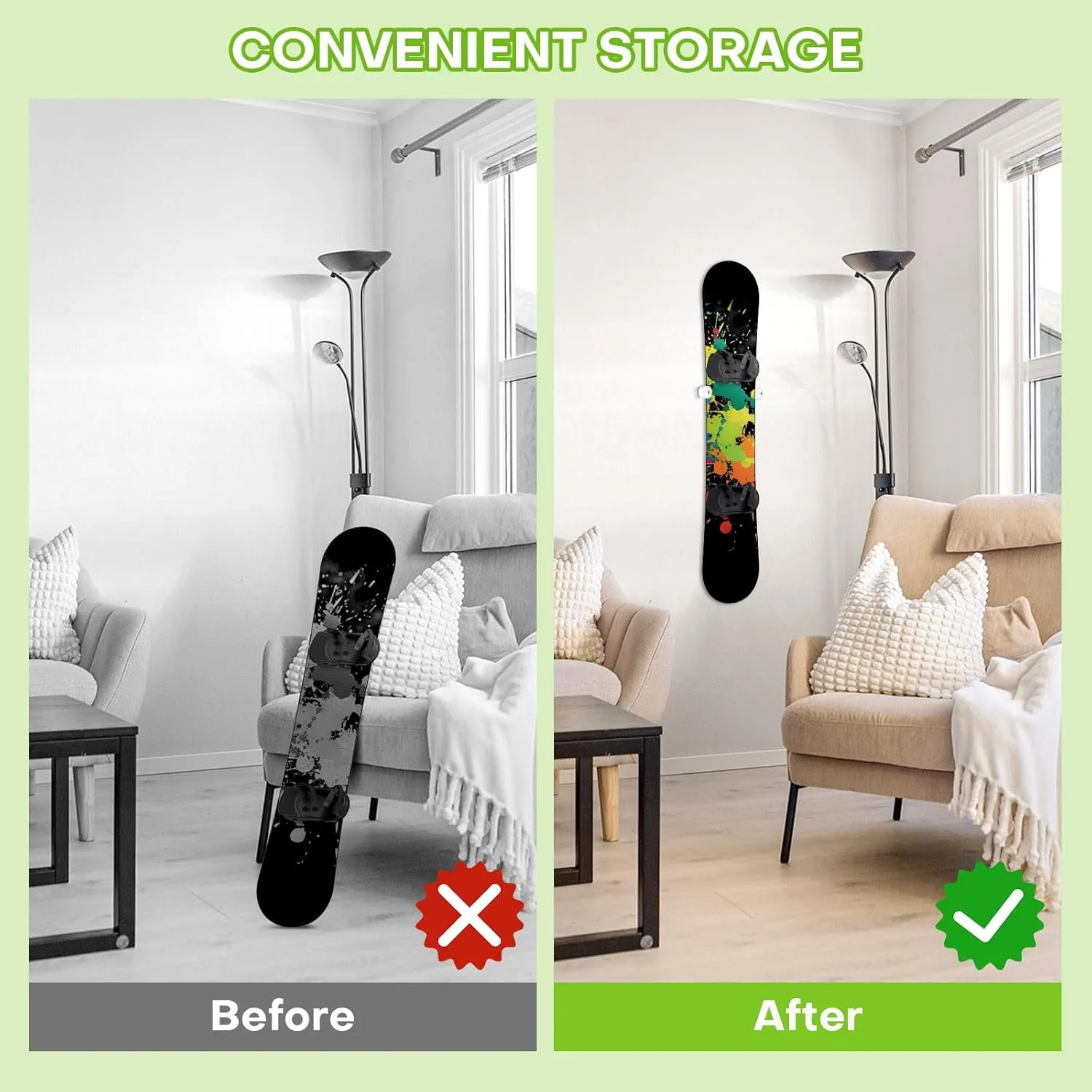 Vertical Snowboard Wall Mount Rack & Hanger - PU Rubber Snowboard Storage System, Premium Snowboarding Accessories for Boards with Bindings, Space-Saving Home & Garage Organization Display Mount
