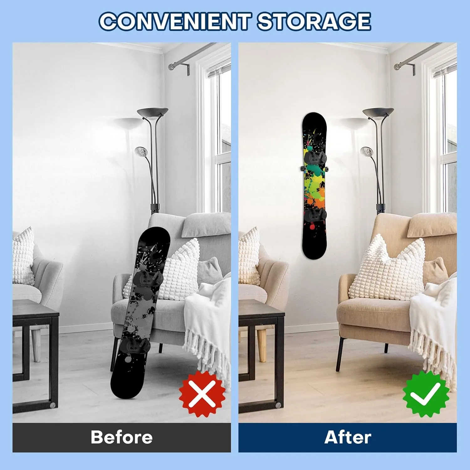Vertical Snowboard Wall Mount Rack & Hanger - PU Rubber Snowboard Storage System, Premium Snowboarding Accessories for Boards with Bindings, Space-Saving Home & Garage Organization Display Mount