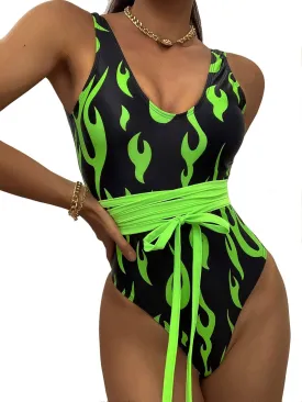Womens One Piece Flame Print High Cut Bodysuit Swimsuit Bikini Swimwear Bathing Suit Rave Costume